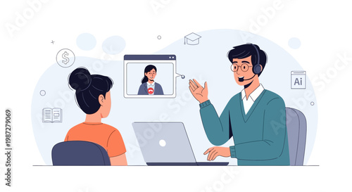 Online Learning: Student and Tutor in Virtual Class with Laptop and Video Call