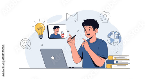 Online learning concept: student with laptop, video call, books, lightbulb, globe