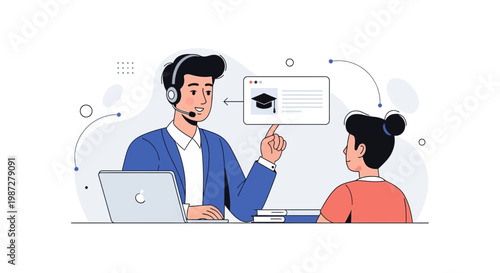 Online Learning Tutor Helping Student with Graduation Cap Icon on Screen