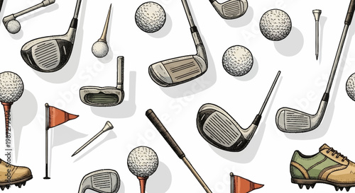 Golf clubs, balls and accessories on white background