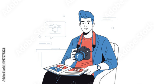 Photographer Holding Camera and Photo Album, Illustration