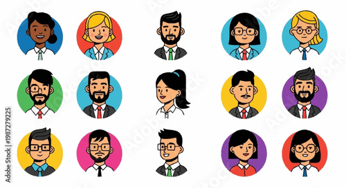 Cartoon business people icons with colorful backgrounds