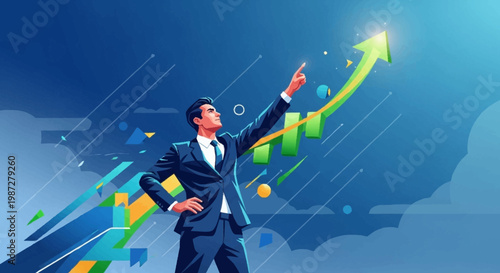 Businessman in suit looking up at abstract background