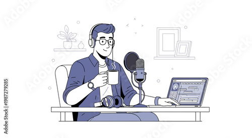 Podcaster with Headphones and Microphone Recording Audio at Desk with Laptop