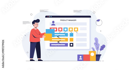 Product Manager Planning Strategy with Project Management Board and Task Blocks