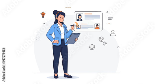 Recruitment specialist reviewing candidate profiles on a digital screen, HR concept