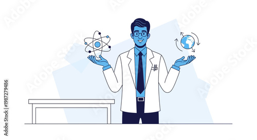 Scientist holding atom and planet, representing science and global research