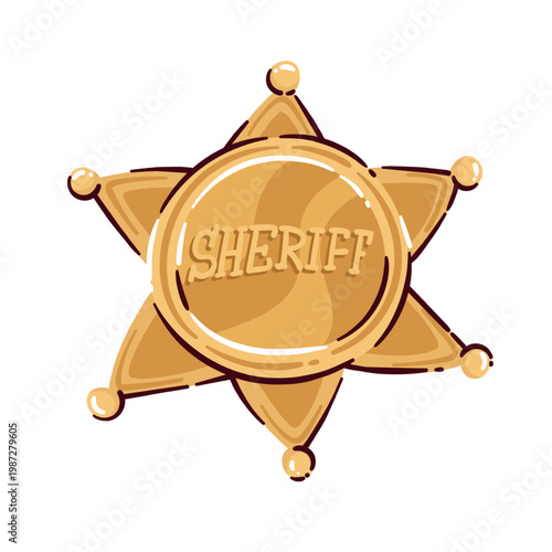 Sheriff badge with six pointed star, round center and engraved sheriff text, gold cartoon game token. Mafia board game role marker with sheriff badge, vector illustration.