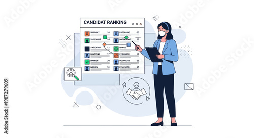 Recruiter analyzing candidate ranking list on screen, HR concept