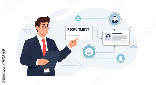 Recruitment process illustration: man pointing at flowchart, hiring candidates