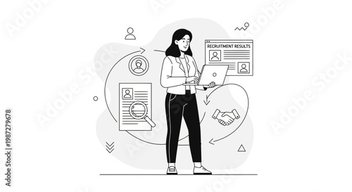 Recruitment process illustration: woman with laptop, resume, magnifying glass, handshake, and recruitment results