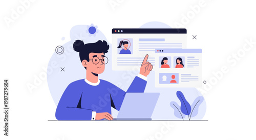 Recruitment process online, HR manager selecting candidates from profiles on laptop