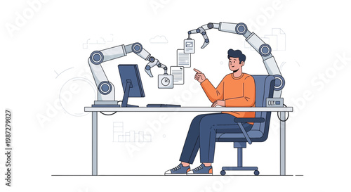 Robotic automation assisting man at computer, futuristic office, data processing concept