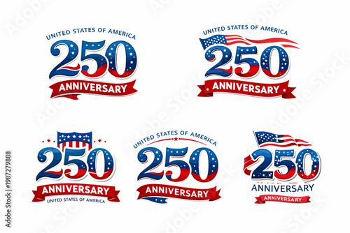 Patriotic 250th anniversary badges and banners with american flag imagery