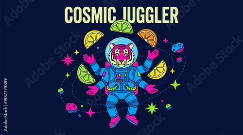 Astronaut Tiger Juggling Sliced Citrus Fruits in Cosmic Space Pop Surrealism Flat Illustration with Bold Outlines