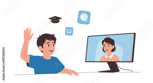 Student raising hand for online class, e-learning, distance education, virtual school