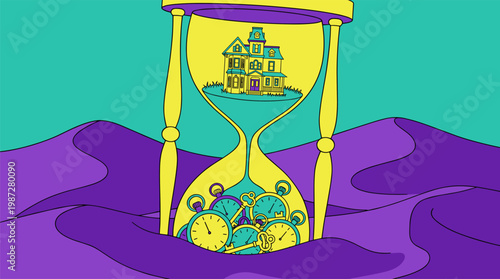 Hourglass Victorian House Desert Pop Surrealism Flat Illustration with Bold Outlines and Vibrant Colors