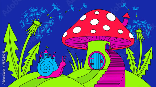 Mushroom House with Snail Castle and Dandelions Pop Surrealism Flat Illustration with Bold Outlines