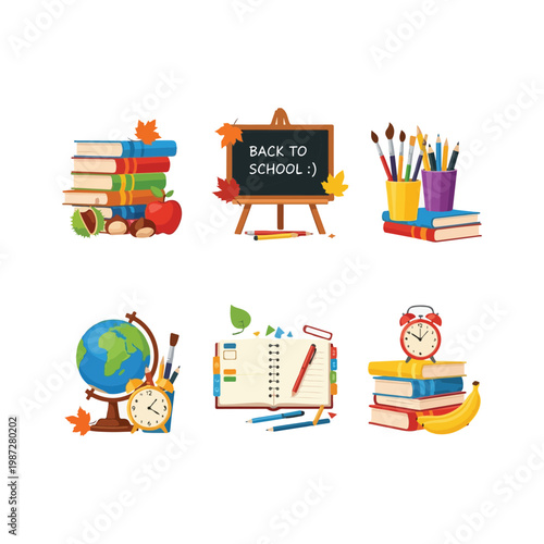 Set of school supplies, books, globe, chalkboard, stationery, and alarm clock for back to school concept, vector illustration