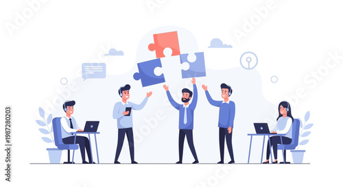 Teamwork and Collaboration: People assembling jigsaw puzzle pieces, business concept