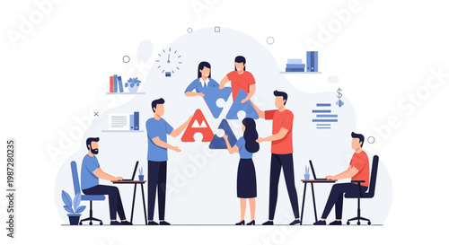 Teamwork and collaboration: people assembling puzzle pieces for business success