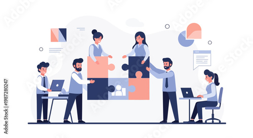 Teamwork and collaboration: people assembling puzzle pieces, business concept illustration
