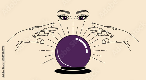 Mystical fortune teller looking into a glowing crystal ball with hands