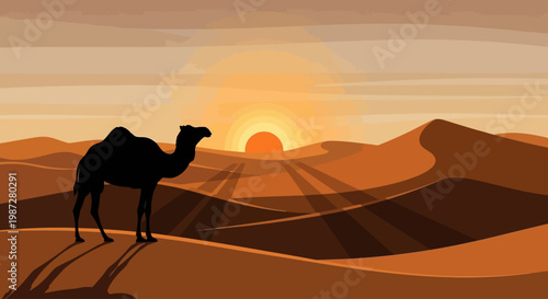 Majestic camel silhouette standing on vast desert sand dunes, bathed in the warm, glowing light of a dramatic sunset