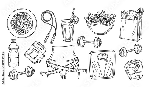 Hand drawn black outline nutrition and weight loss icon collection featuring food, body measurement, and fitness tools vector set
