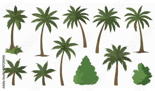 Hand drawn tropical palm trees and jungle foliage sticker pack with exotic green plants cartoon vector illustration isolated on white background