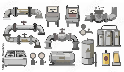 Hand drawn natural gas industry icon collection featuring pipeline system, gas meter, stove and storage tank vector illustration set