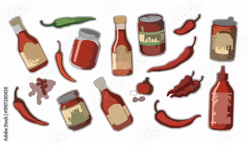 Hand drawn spicy chili sauce and pepper sticker collection with bottles, jars and hot condiments cartoon vector illustration isolated on white background
