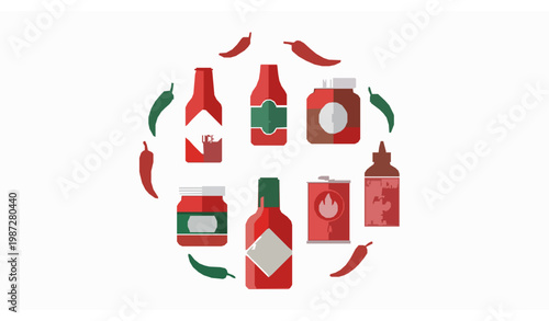 Modern flat design hot chili sauces icon bundle with bottles, jars, salsa, sriracha and chili peppers vector sticker set isolated on white background