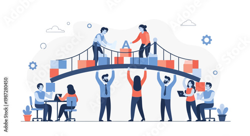 Teamwork Building Bridge Connecting Ideas and People, Business Collaboration Concept