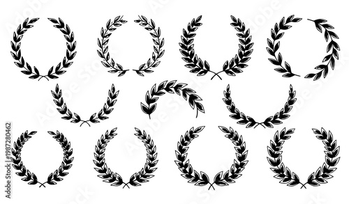 Hand drawn green laurel wreath collection with elegant leaf branches in circular and decorative victory frame styles vector illustration isolated on white background