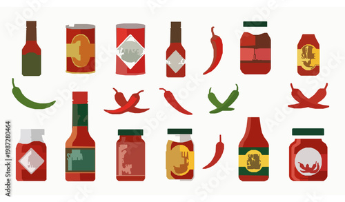 Colorful hot chili sauce sticker set with bottles, cans, salsa, tabasco, sriracha and chili peppers cartoon flat vector illustration isolated on white background