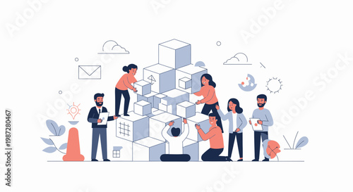 Teamwork building blocks, collaboration, business strategy, project success, creative idea