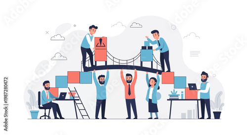 Teamwork building bridge, business collaboration, success, partnership, strategy, connection