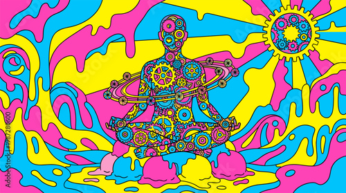 Clockwork Human Figure Meditating on Ice Cream Mountain, Pop Surrealism Flat Illustration with Bold Outlines