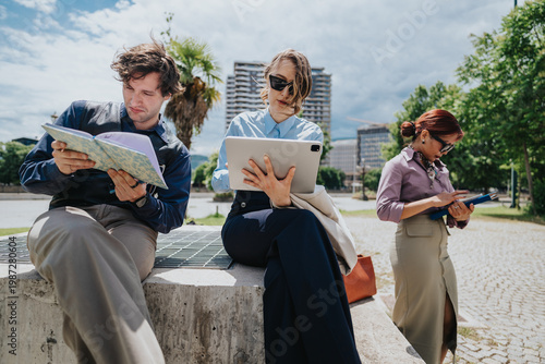 Three business coworkers work with a tablet and notebooks while sitting outdoors. A casual urban meeting scene shows professionals using devices and taking notes in a park.