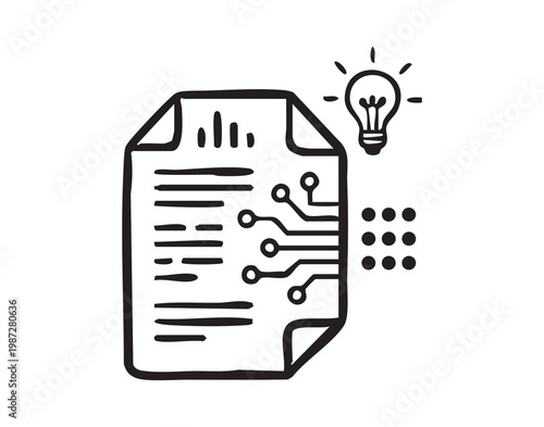 Document icon with circuits and idea. Tech document concept blending schematic lines and lightbulb symbol, visual shorthand for ai, machine learning, innovation and startup presentations.