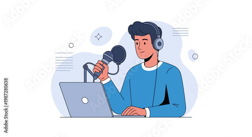Podcaster with Headphones and Microphone Recording Audio on Laptop
