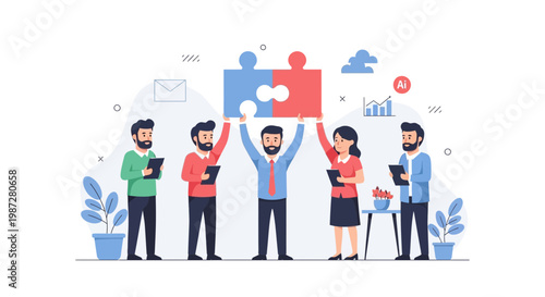 Teamwork concept: Diverse people holding puzzle pieces together, symbolizing collaboration and success