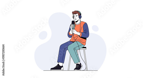 Podcaster with Headphones and Microphone Recording Audio Sitting on Stool