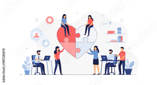 Teamwork heart puzzle collaboration, people working together to build connection and unity