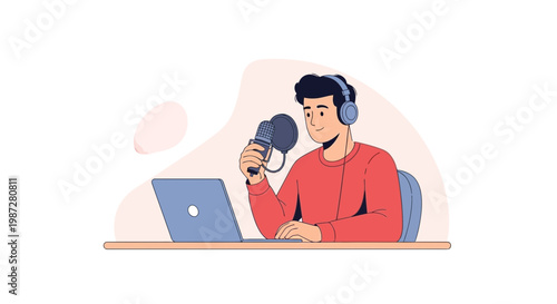 Podcaster with Microphone and Laptop, Recording Audio at Home Studio