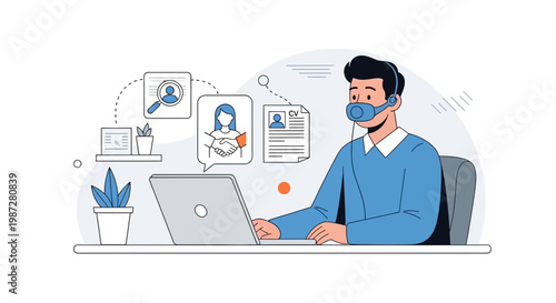 Recruitment specialist working on laptop with hiring icons and handshake illustration