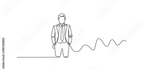 A single continuous line drawing of a professional businessman standing with a wavy trend line. Vector, illustration