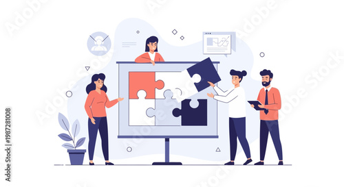 Teamwork puzzle collaboration concept, business people assembling jigsaw pieces on whiteboard