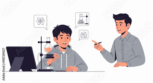 Student learning science with teacher, chemistry experiment, atom and flask icons